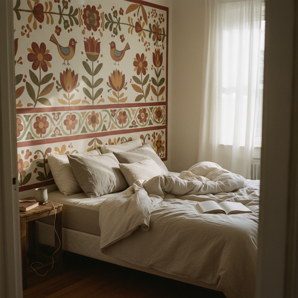 8. Hand-Painted Accent Wall with Folk Art