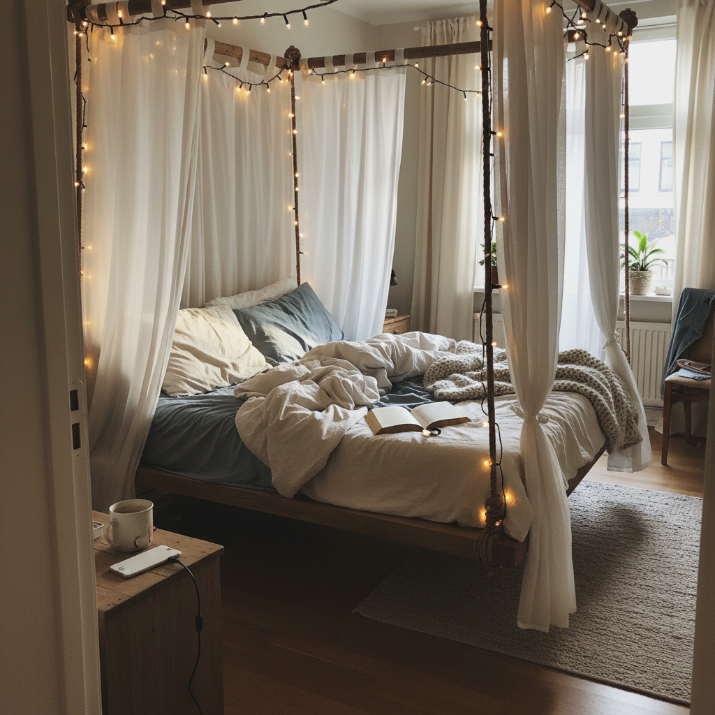 1. Floating Canopy Bed with Twinkle Lights