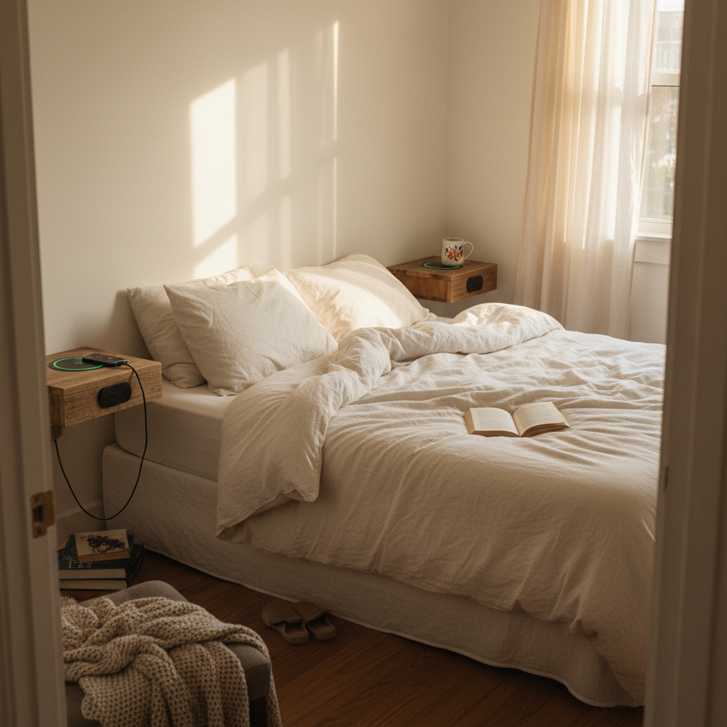 1. Floating Nightstands with Built-In Charging